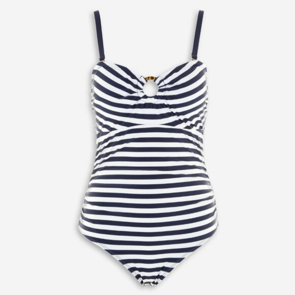 Simon Chang Solutions One-Piece Swimsuit Blue White Stripe High Back Size 16 - Picture 1 of 12